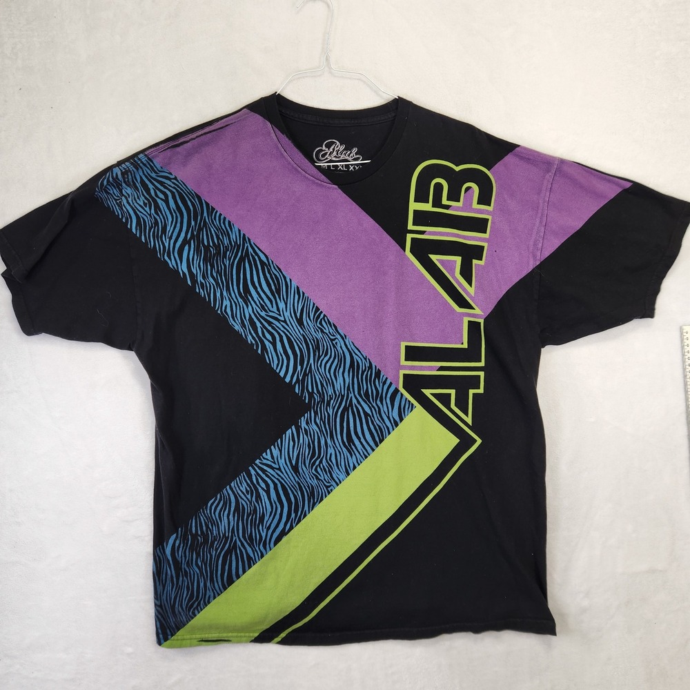 Alab‎ Mens XXL Black Graphic T-Shirt 80s Retro Neon Zebra Print Colorblock Tee